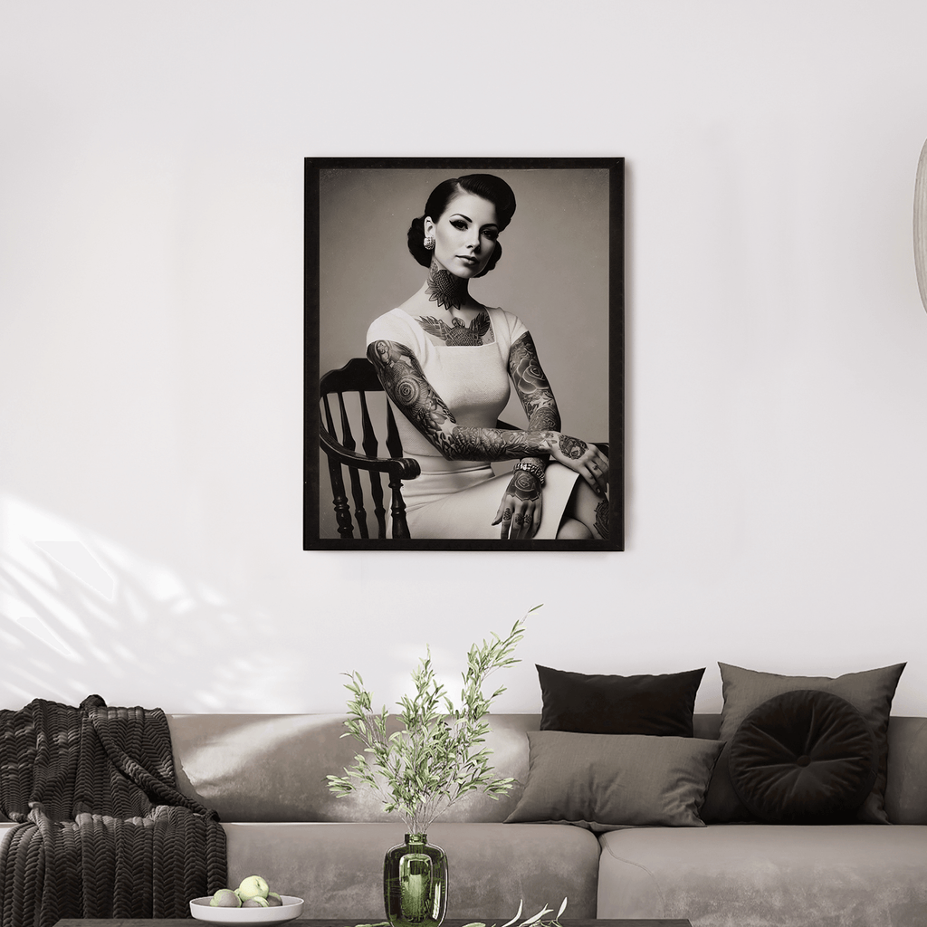 InkFlow Tattooed Woman Poster - Retro Tattoo Art Print, Black & White Photography Circus Art for Home Office or Living Room Wall Decor - 11x14 UNFRAMED Wall Art - Infinity Beyond Crafts