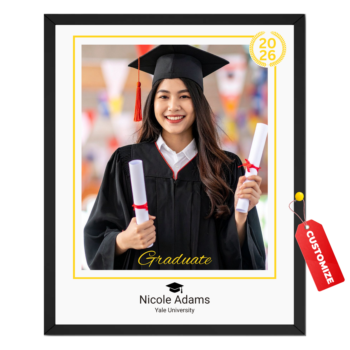 Graduation portrait with customizable elements on a white background