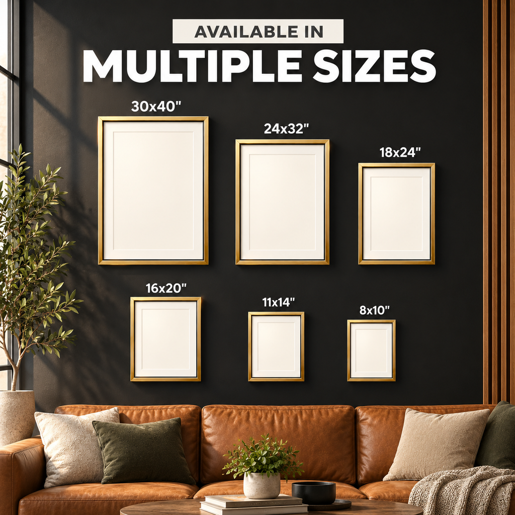 Six framed picture frames in different sizes displayed on a dark wall above a brown leather sofa, with text reading 'AVAILABLE IN MULTIPLE SIZES' and size labels for each frame.