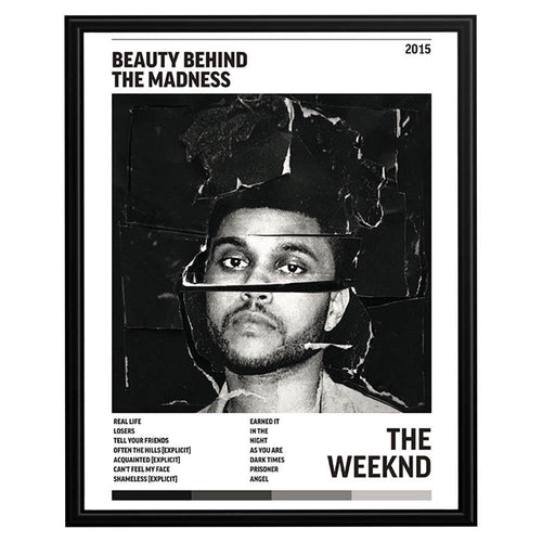 Beauty Behind the Madness music poster featuring black-and-white album-inspired artwork, track listing and 2015 detail