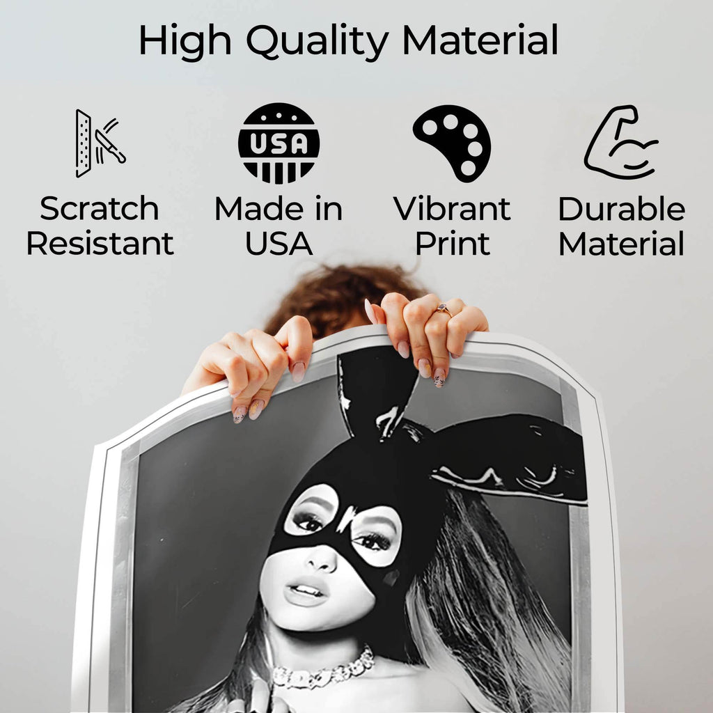 Dangerous Woman poster quality guide showing scratch-resistant material, Made in USA, vibrant print and durable construction