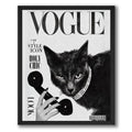 Fashion cat magazine poster featuring a stylish black cat in a black-and-white luxury magazine cover design