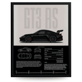 GT3 RS racing car poster featuring black sports car profile, technical diagrams and specification-inspired layout