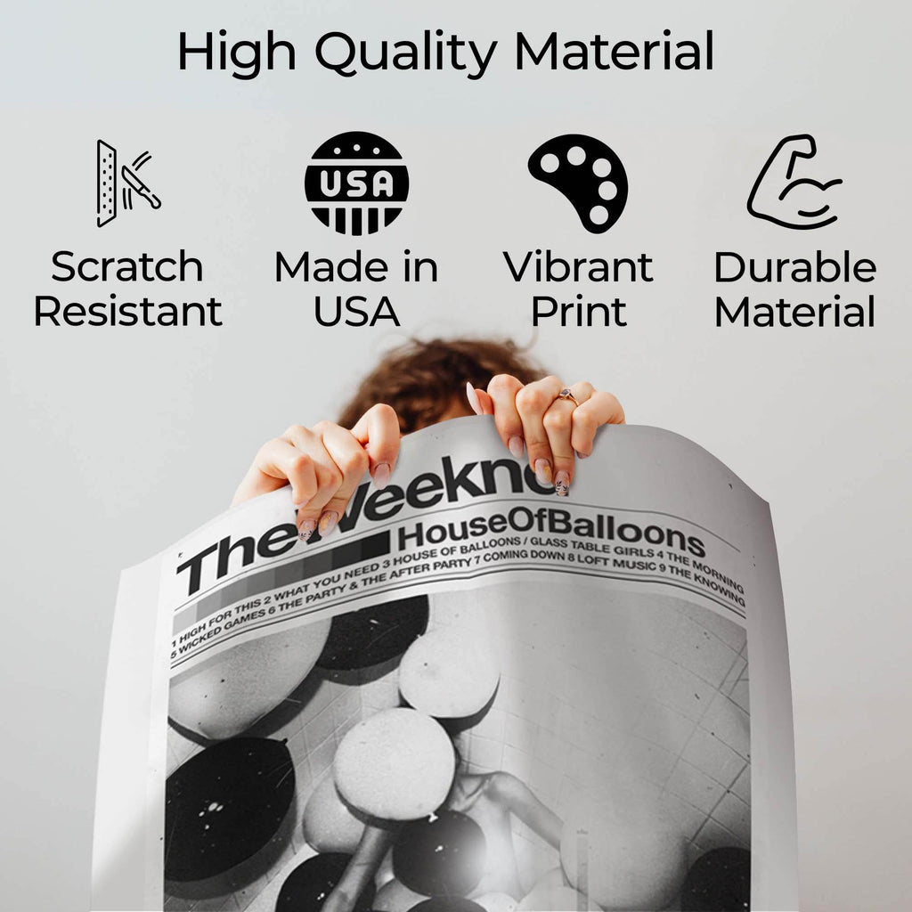 House of Balloons poster quality guide showing scratch-resistant material, Made in USA, vibrant print and durable construction