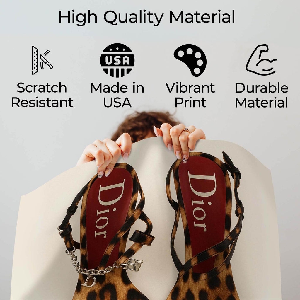 Fashion poster quality guide showing scratch-resistant material, Made in USA, vibrant print and durable construction
