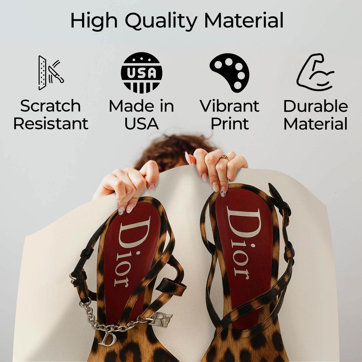 Fashion poster quality guide showing scratch-resistant material, Made in USA, vibrant print and durable construction