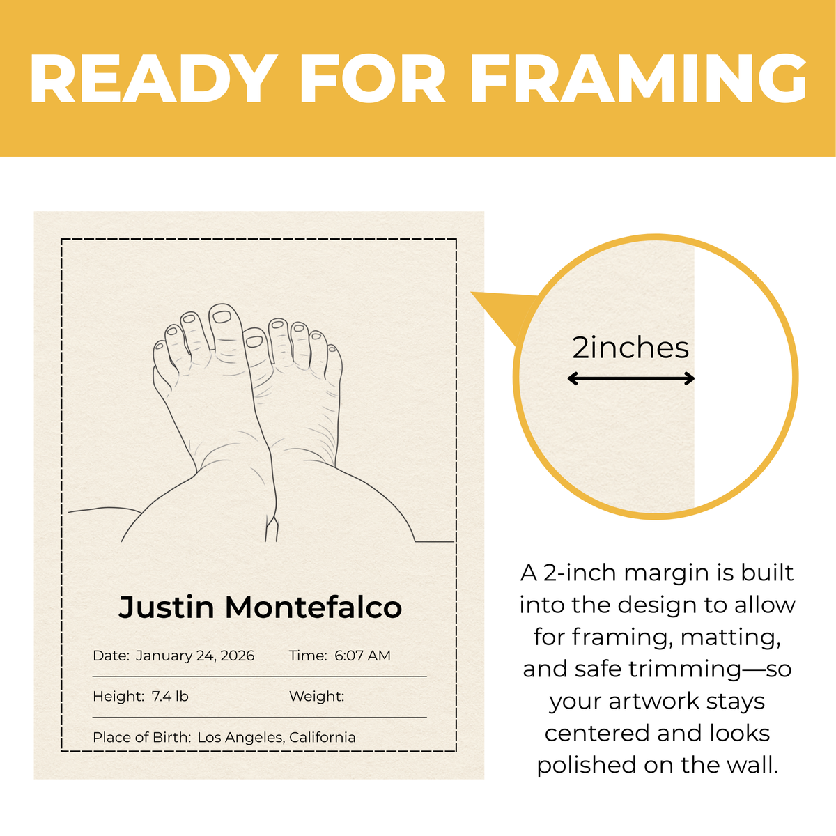 Personalized newborn birth details artwork showing built-in two-inch margin for framing matting and safe trimming