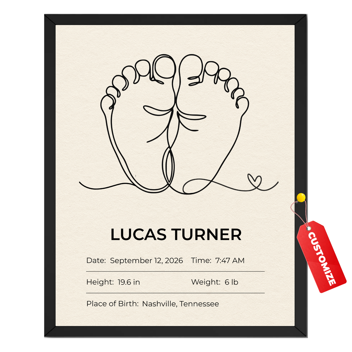 Personalized baby birth details poster with minimalist baby feet line art name date time height weight and birthplace