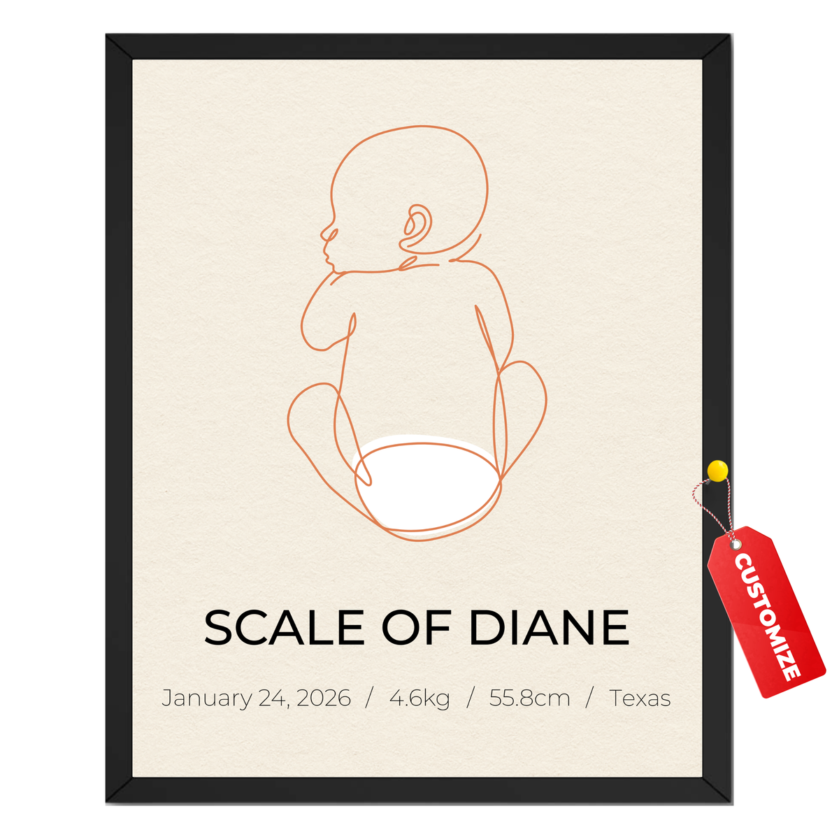 Personalized baby birth stats poster with minimalist baby outline name date weight height and birthplace