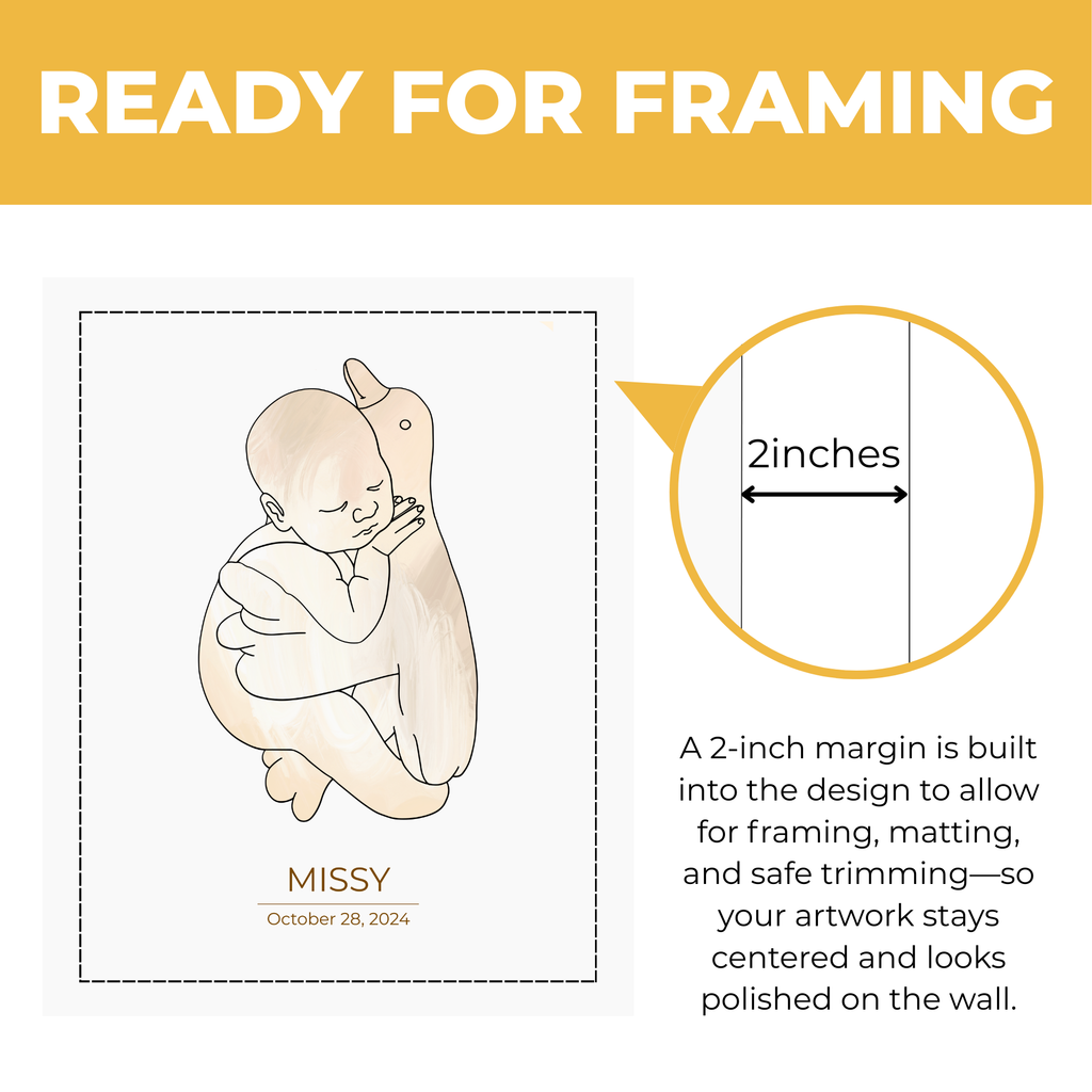 Personalized baby teddy bear print showing approximately 2-inch built-in margin for framing and matting