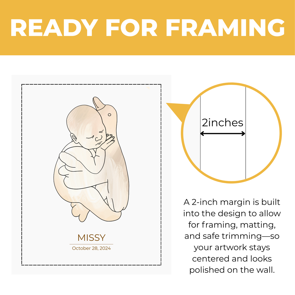 Personalized baby teddy bear print showing approximately 2-inch built-in margin for framing and matting