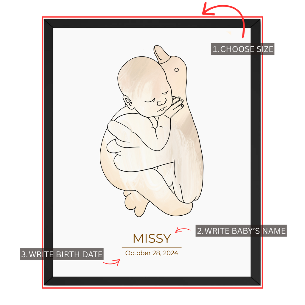 Baby teddy bear print personalization guide showing size selection, custom baby name and birth date