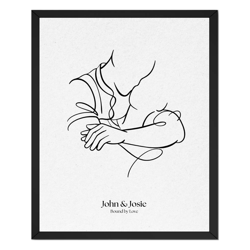 Personalized Bound By Love couple line art print with custom names and minimalist embracing couple illustration