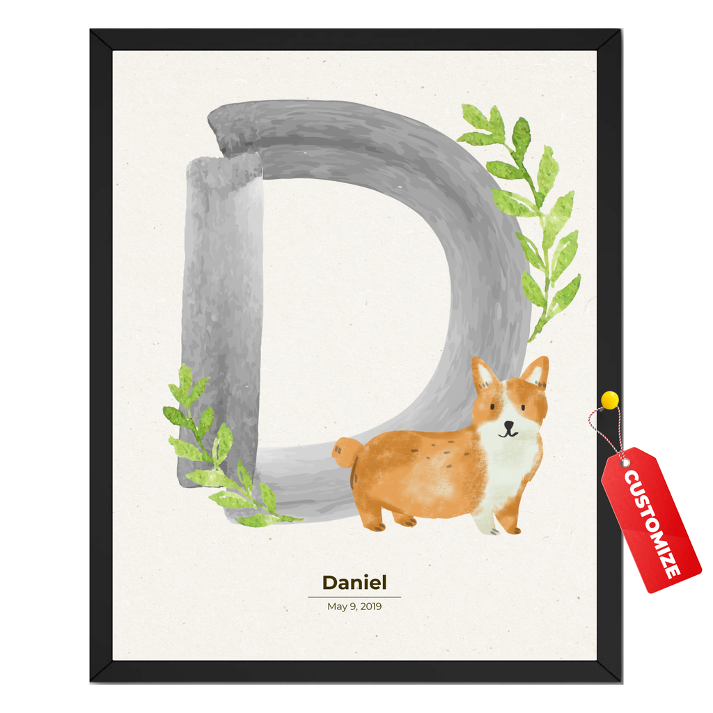 Personalized corgi nursery print with large letter D, watercolor dog, green leaves, baby name Daniel and birth date