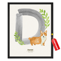 Personalized corgi nursery print with large letter D, watercolor dog, green leaves, baby name Daniel and birth date