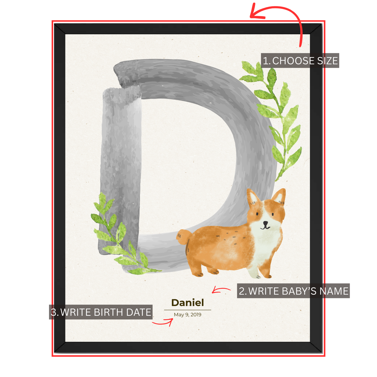 Personalized corgi nursery print customization guide showing choose size add baby's name and enter birth date