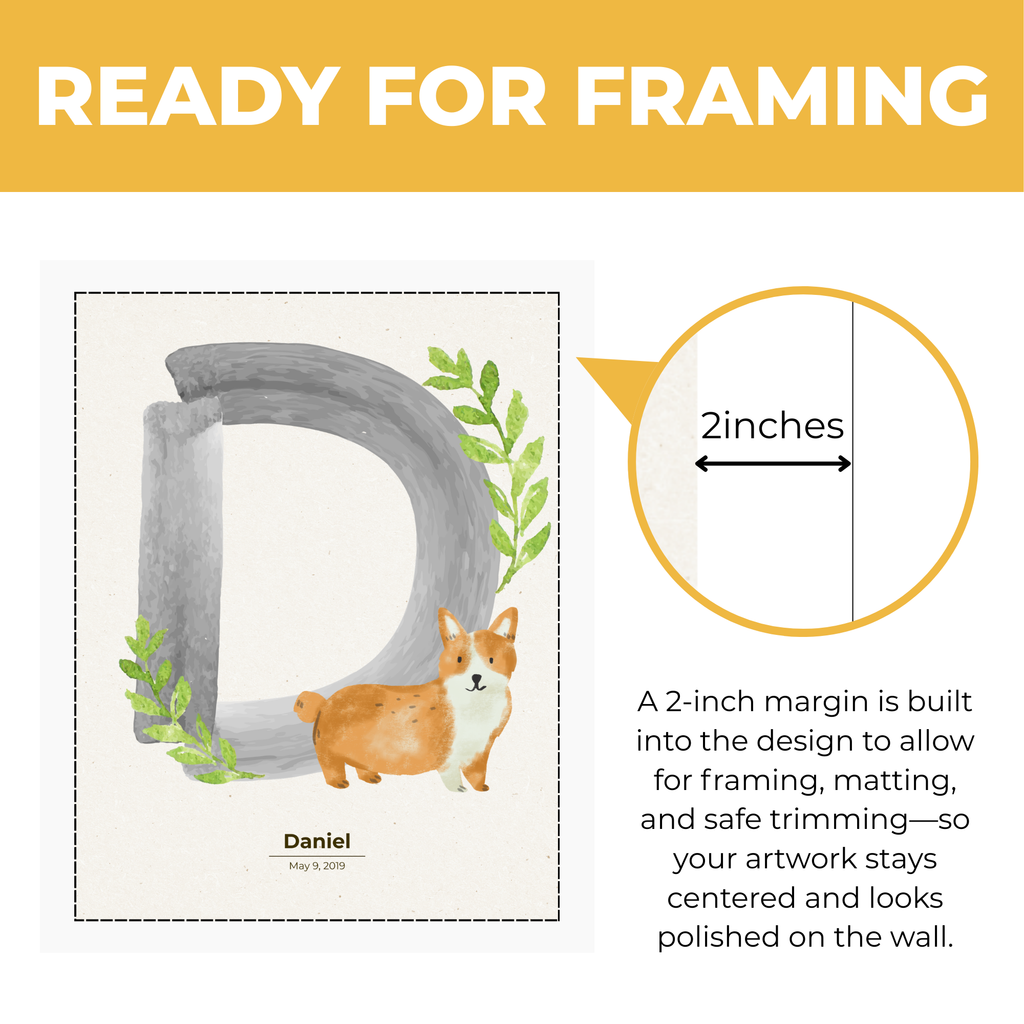 Personalized corgi nursery print showing approximately 2 inch built-in margin for framing matting and safe trimming