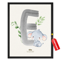 Personalized elephant nursery print with large letter E, watercolor baby elephant, greenery, baby name Ella and birth date