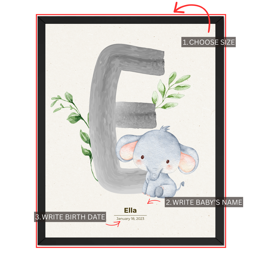 Personalized elephant nursery print customization guide showing choose size add baby's name and enter birth date