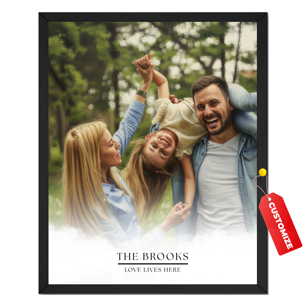 Personalized family photo poster with custom family name and meaningful phrase beneath the portrait