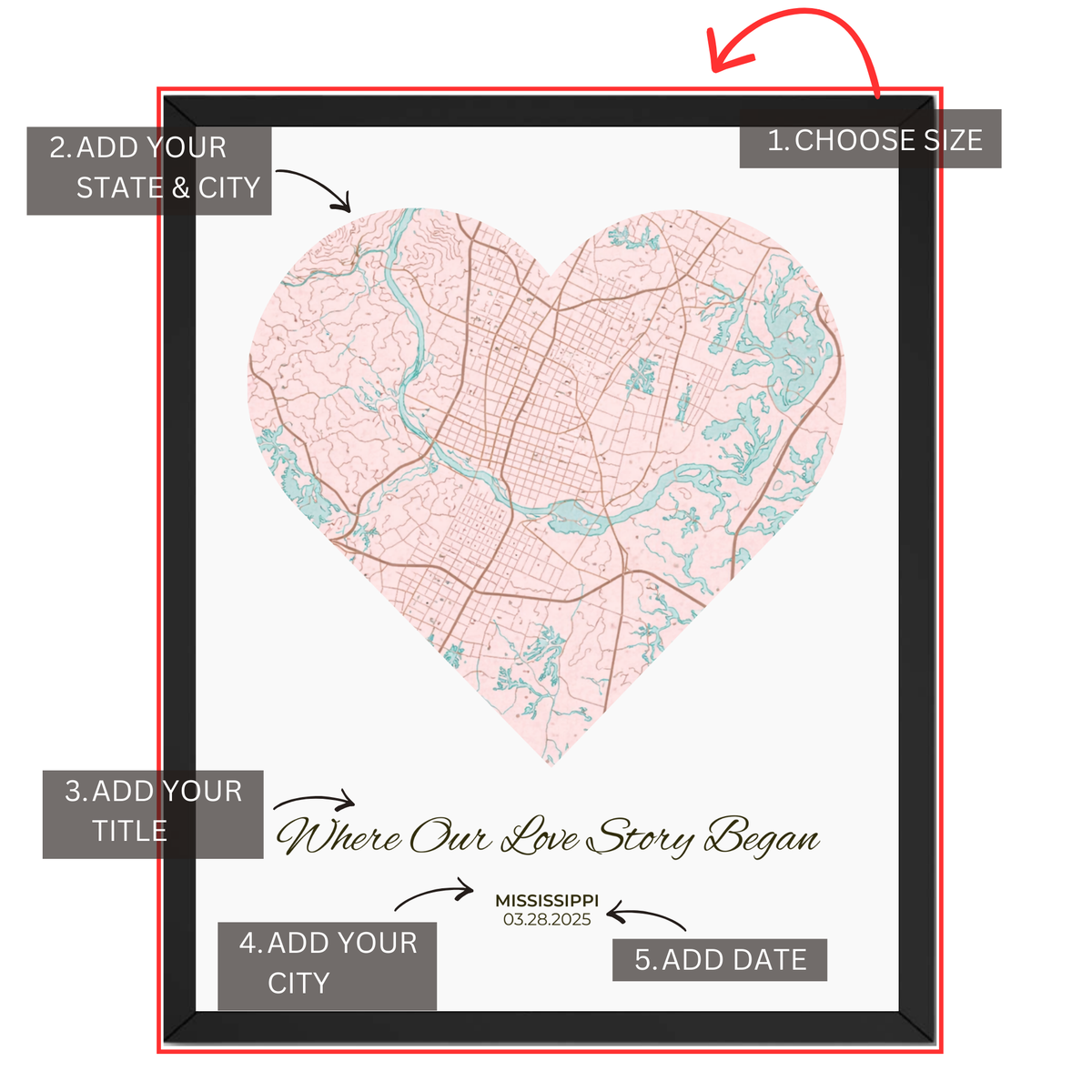 Heart map customization guide showing size state city custom title and special date personalization