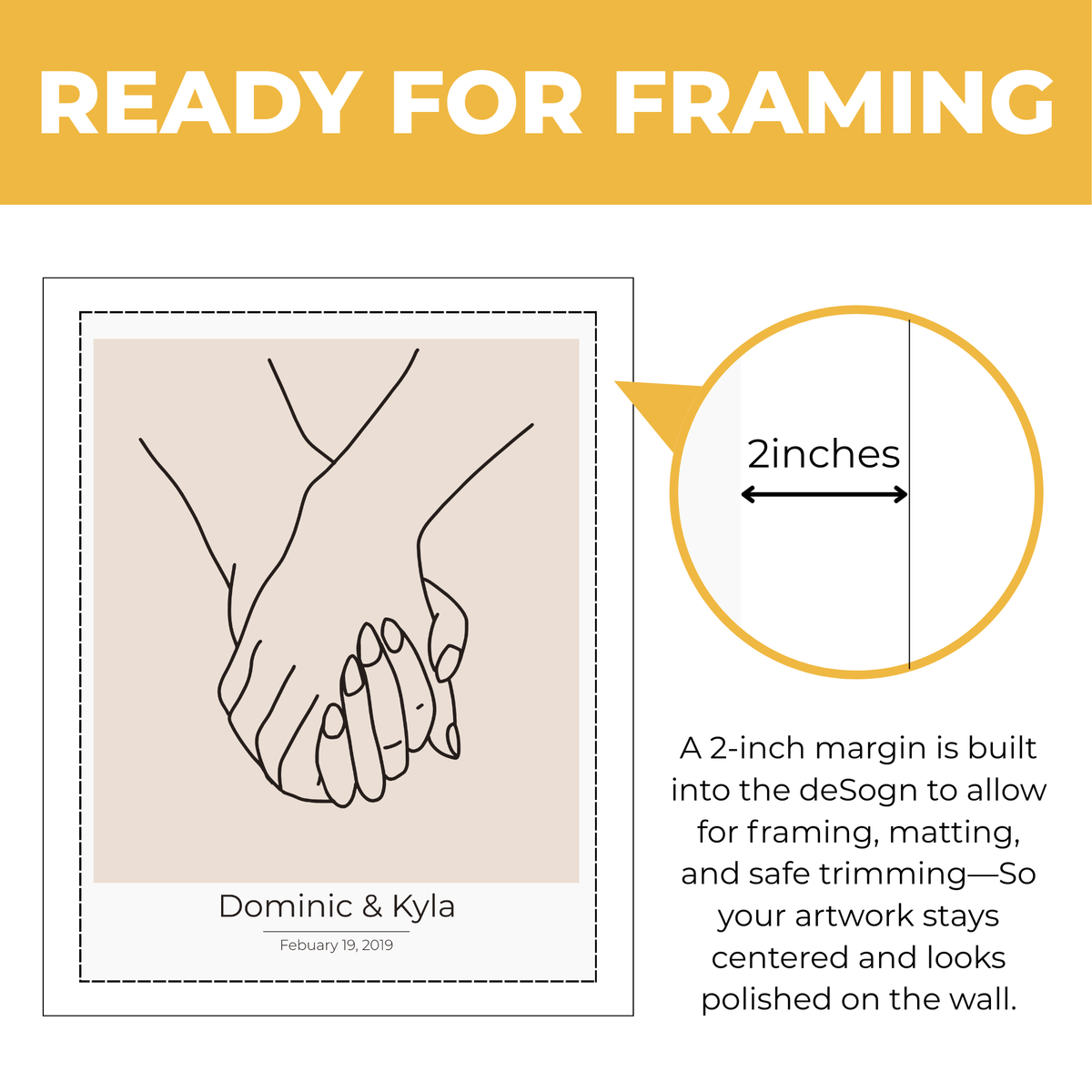 Personalized holding hands wall art showing approximately 2-inch built-in framing margin