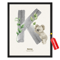 Personalized koala nursery print with large letter K, watercolor koala, green leaves, baby name Kenny and birth date