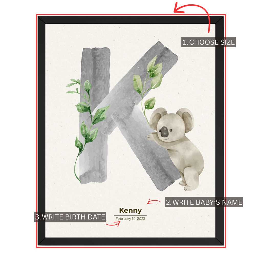 Personalized koala nursery print customization guide showing choose size add baby's name and enter birth date