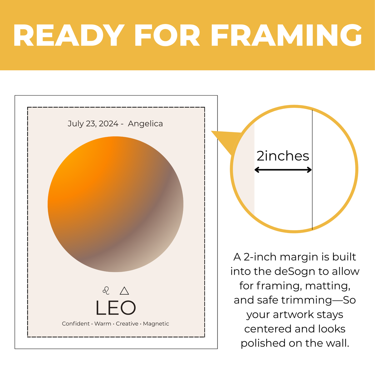 Personalized Leo zodiac print showing approximately 2-inch built-in margin for framing and matting
