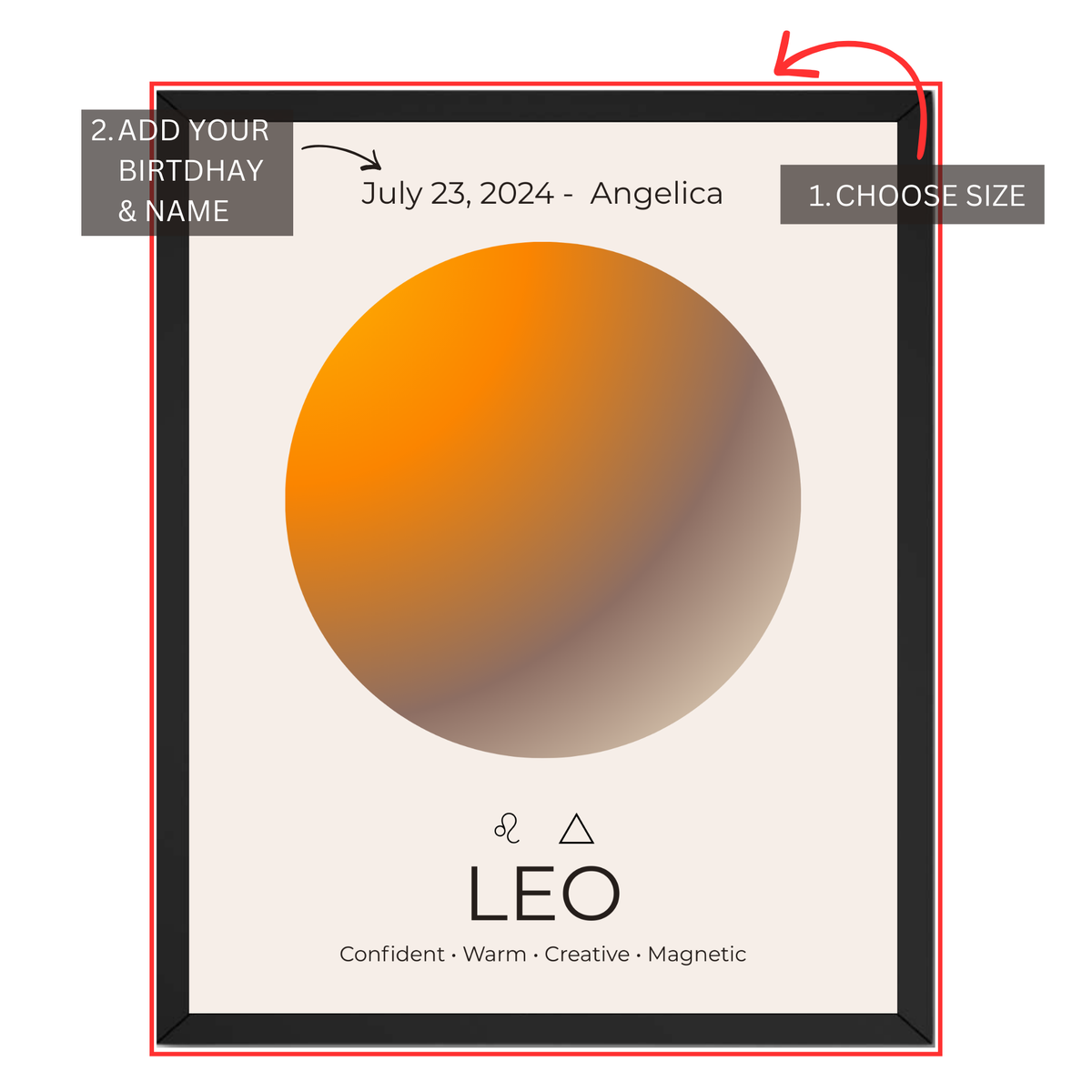 Leo zodiac print personalization guide showing custom birthday, name and size selection