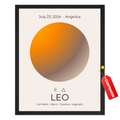 Personalized Leo zodiac print with custom name, birth date, warm orange gradient artwork and Leo symbols