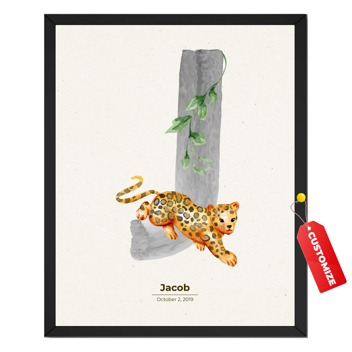 Personalized leopard nursery print with large letter J, watercolor spotted leopard, green leaves, baby name Jacob and birth date