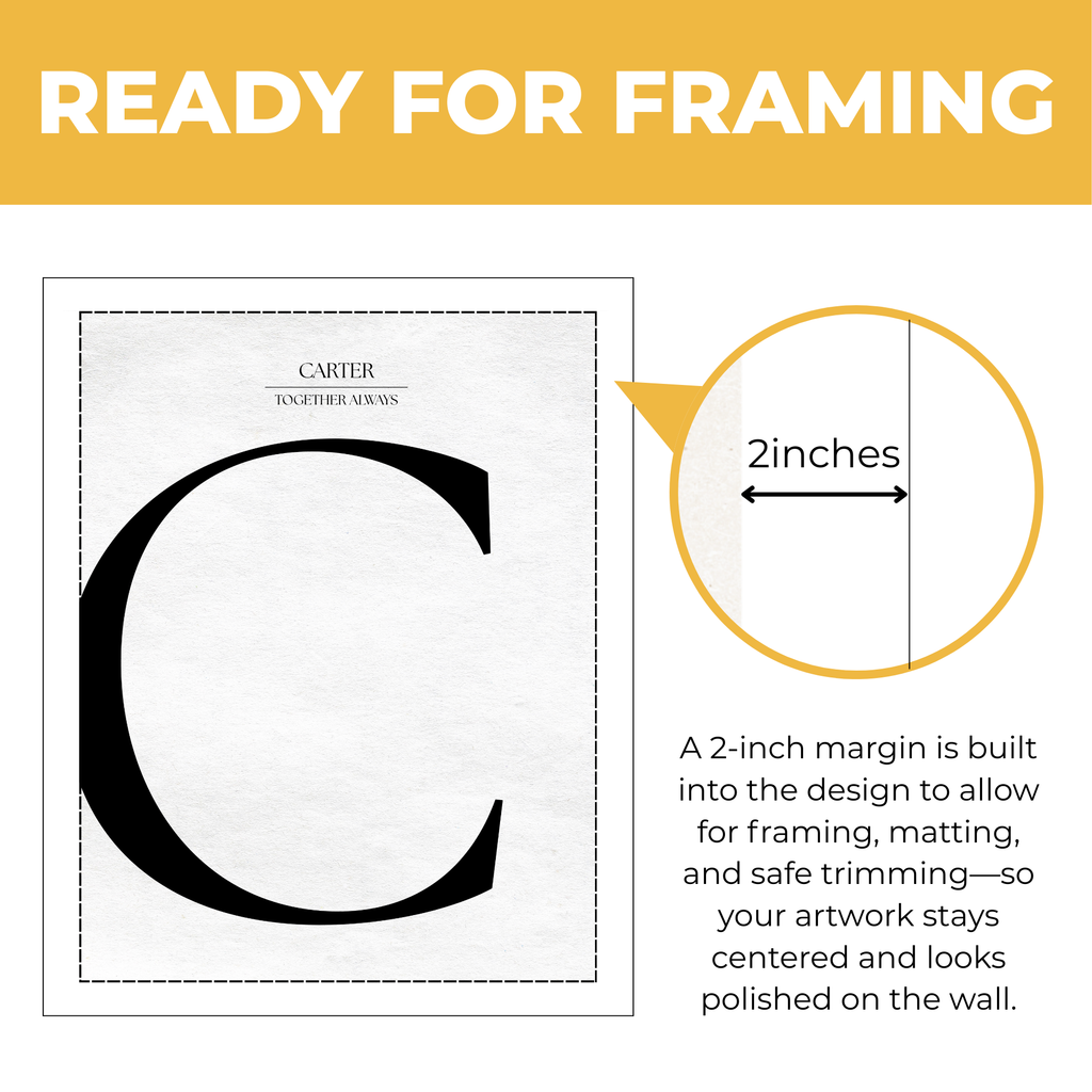 Personalized letter C monogram print showing approximately 2-inch built-in margin for framing and matting
