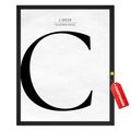 Personalized letter C monogram print with oversized black serif initial and two custom text lines