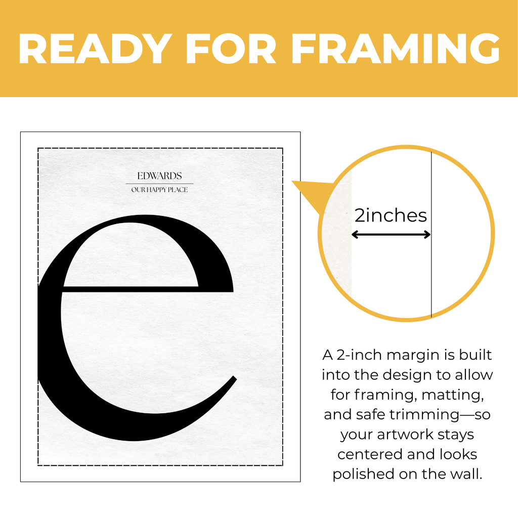 Personalized letter E monogram print showing approximately 2-inch built-in margin for framing and matting