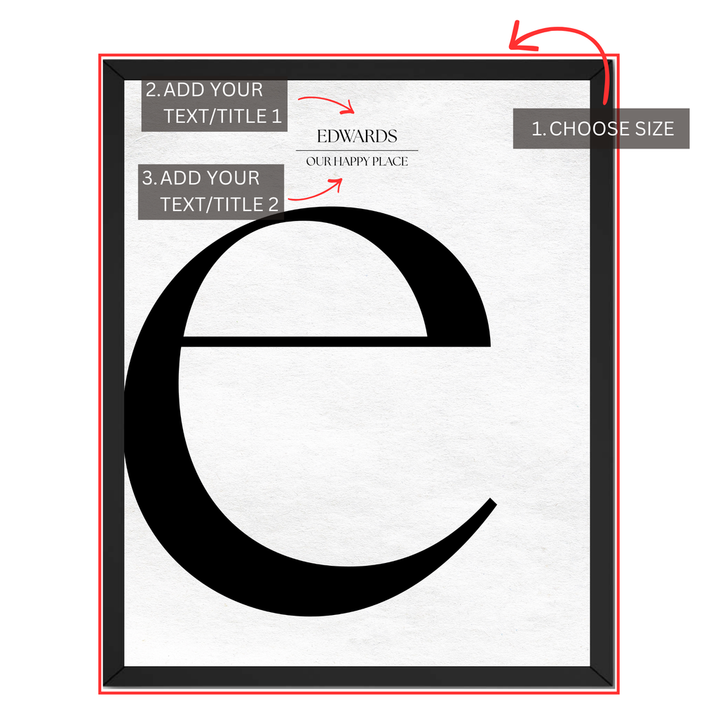 Personalized letter E monogram print guide showing where to choose size and add two custom text or title lines