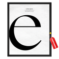 Personalized letter E monogram print with oversized black lowercase serif initial and two custom text lines