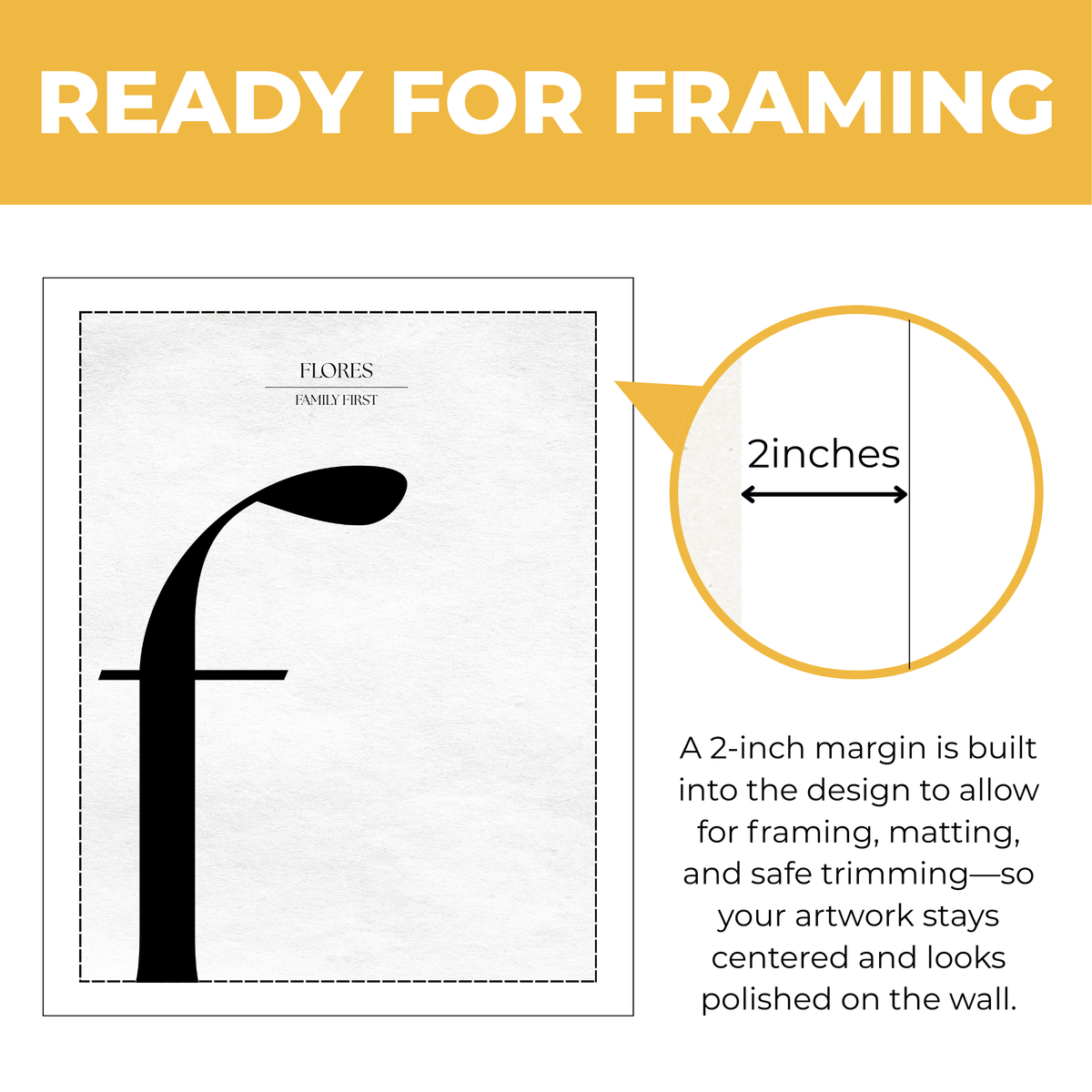 Personalized letter F monogram print showing approximately 2-inch built-in margin for framing and matting