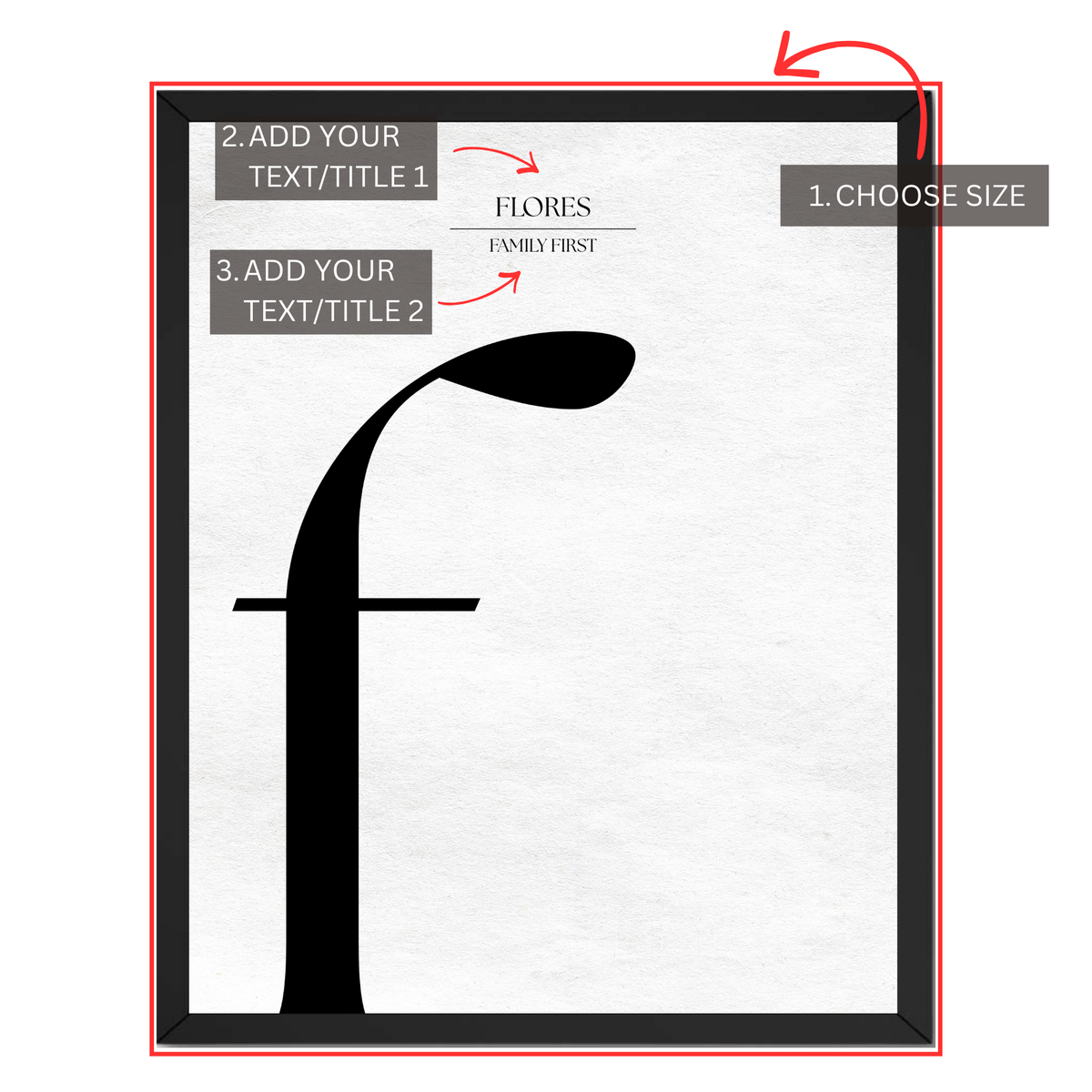 Personalized letter F monogram print guide showing where to choose size and add two custom text or title lines
