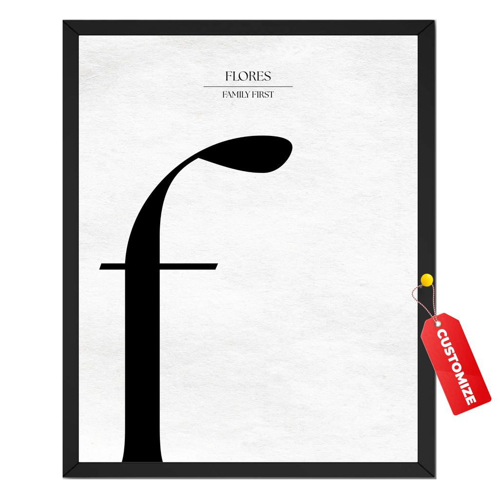 Personalized letter F monogram print with oversized black serif initial and two custom text lines