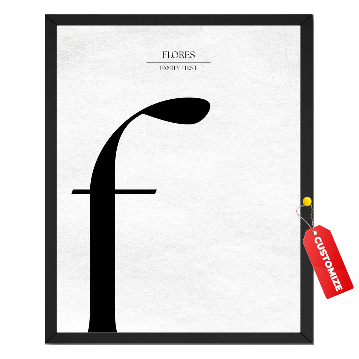 Personalized letter F monogram print with oversized black serif initial and two custom text lines