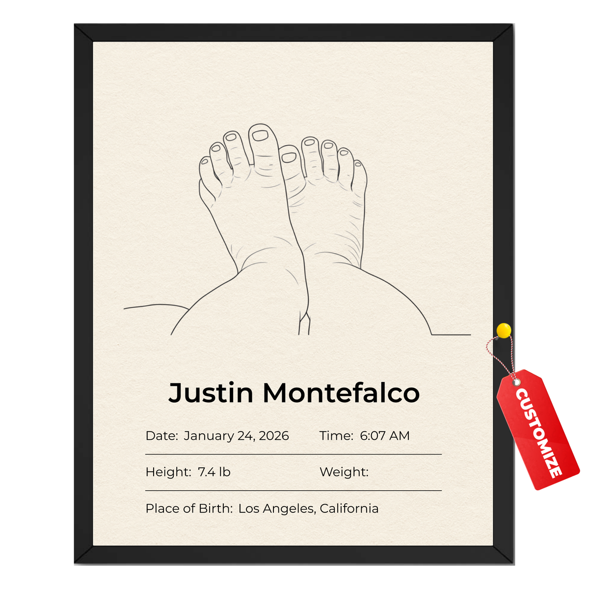Personalized newborn birth details poster with baby feet line art name date time height weight and birthplace