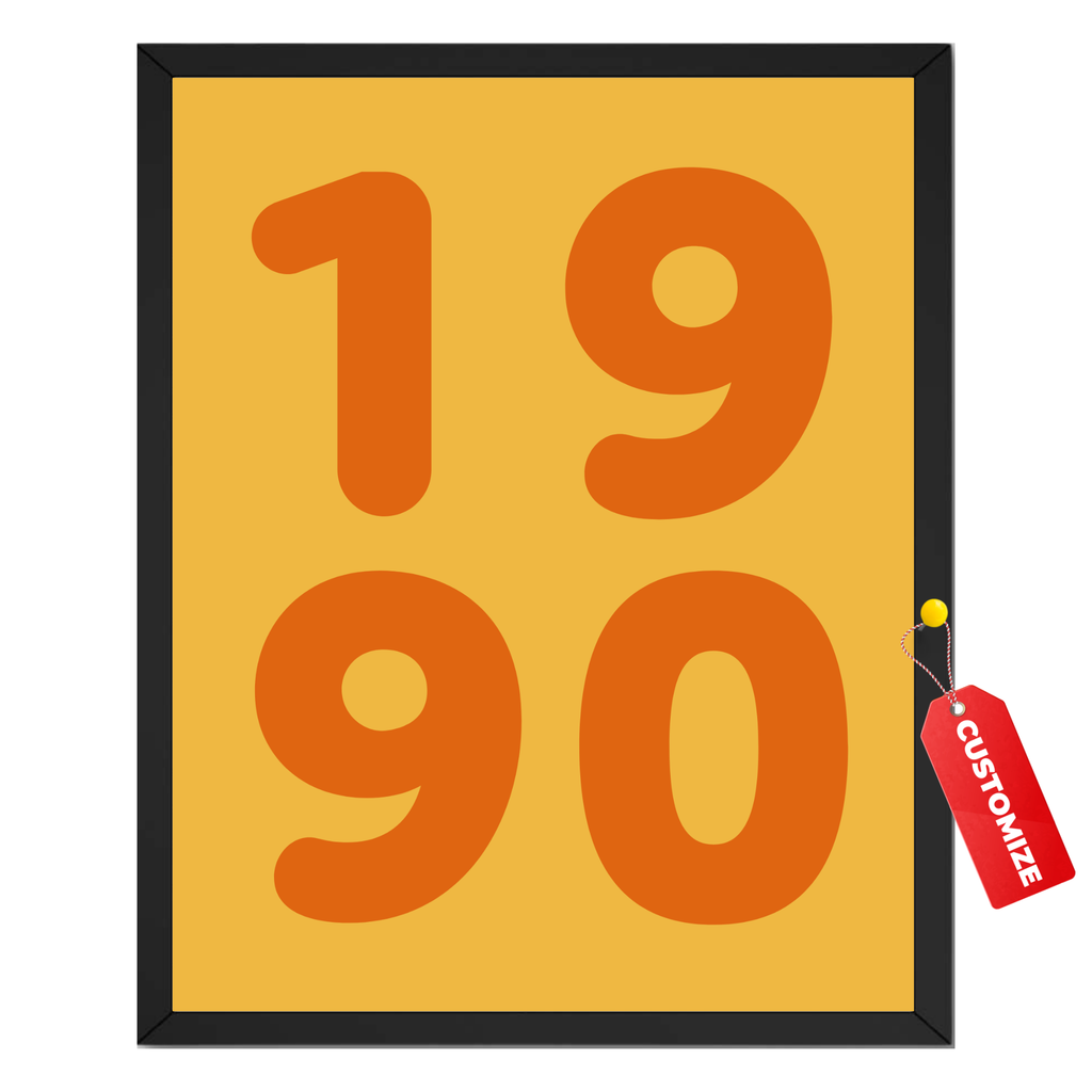 Personalized retro year print featuring large orange 1990 numerals on a warm yellow background in a black frame