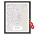 Personalized Seattle map poster with custom city name and coordinates in black frame
