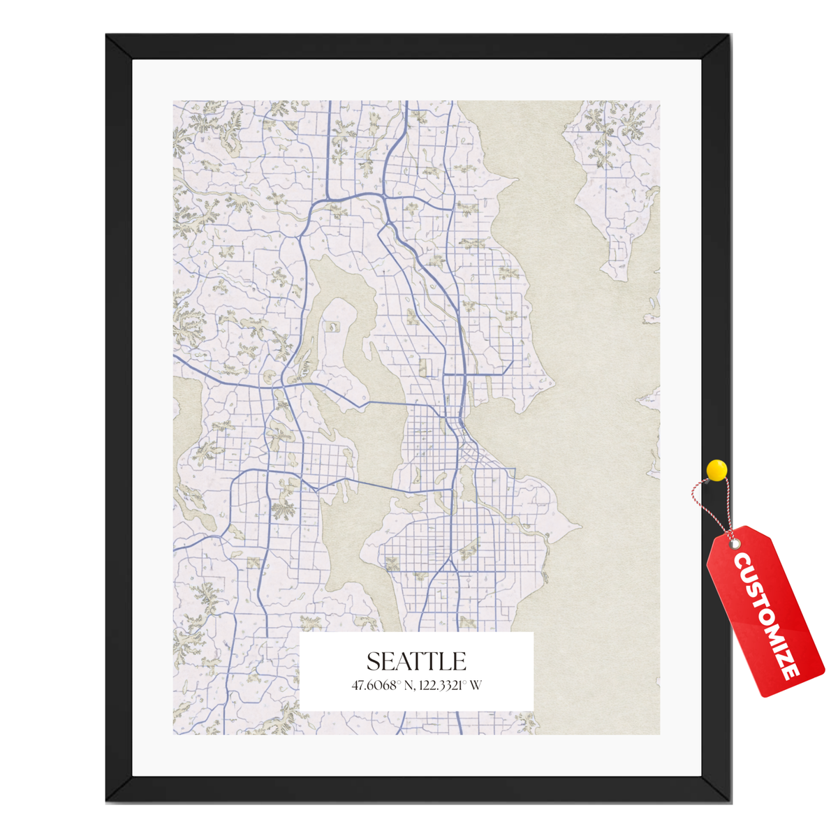 Personalized Seattle map poster with custom city name and coordinates in black frame