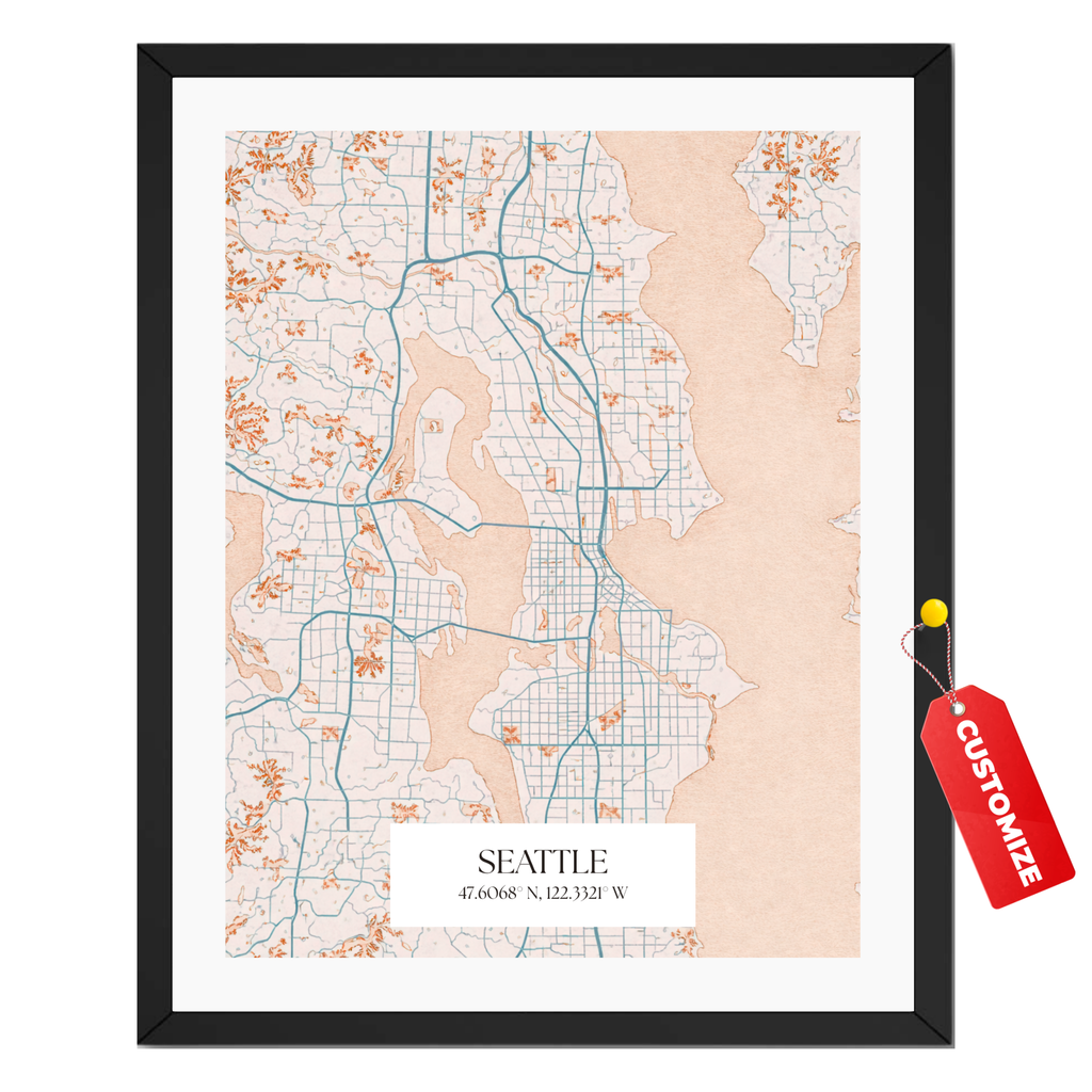 Personalized Seattle street map poster with custom city name and coordinates in a black frame