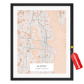 Personalized Seattle street map poster with custom city name and coordinates in a black frame