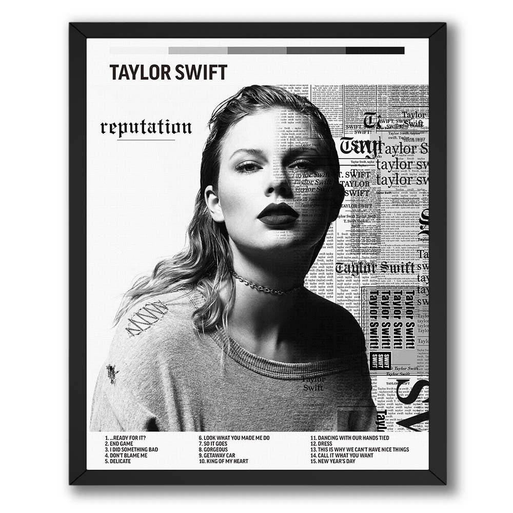 Reputation music portrait poster featuring black-and-white portrait artwork, newspaper-style graphics and track-list design