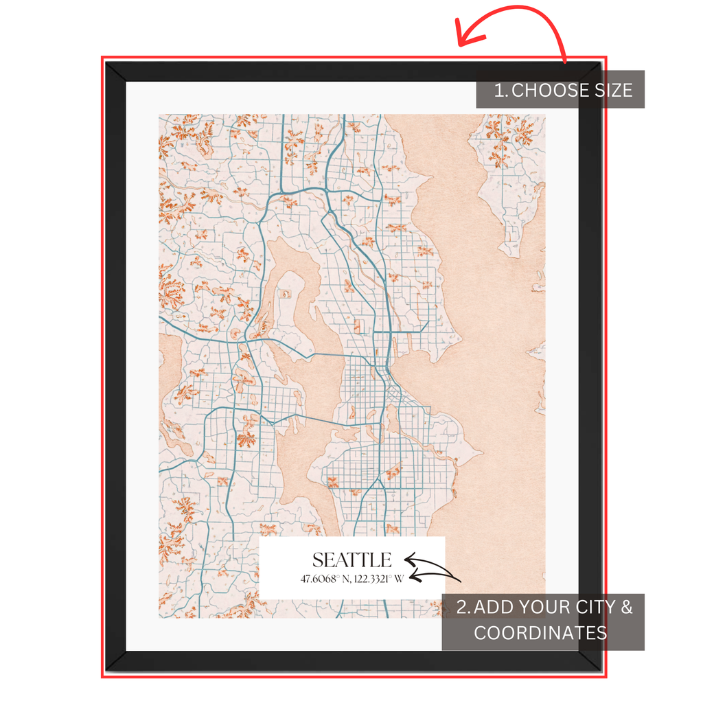 Personalized Seattle map customization guide showing city name coordinates and size selection