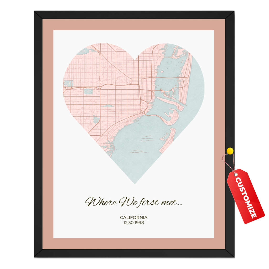 Personalized where we first met heart map poster with custom city and special date